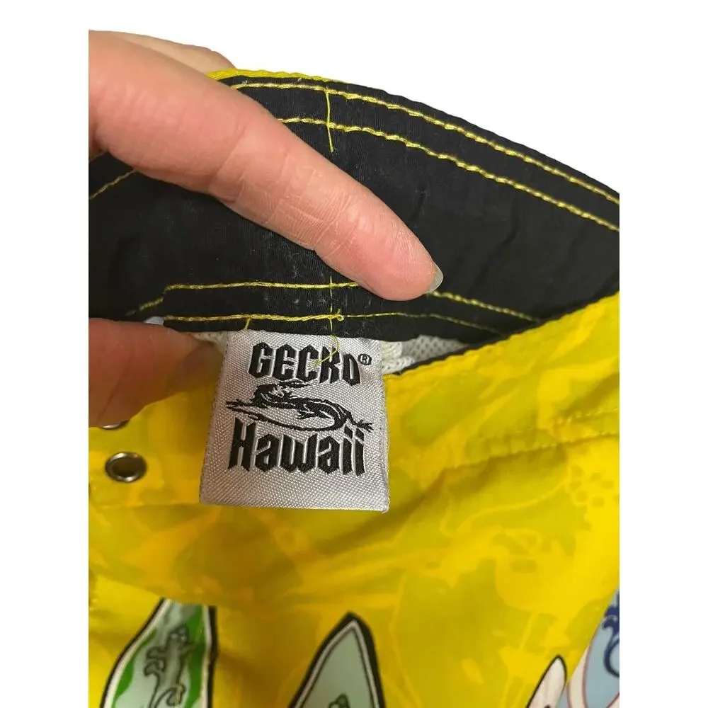 VTG Gecko Hawaii Swimming Trunk y2k 90s Novelty Yellow Beach Printed Lizard L